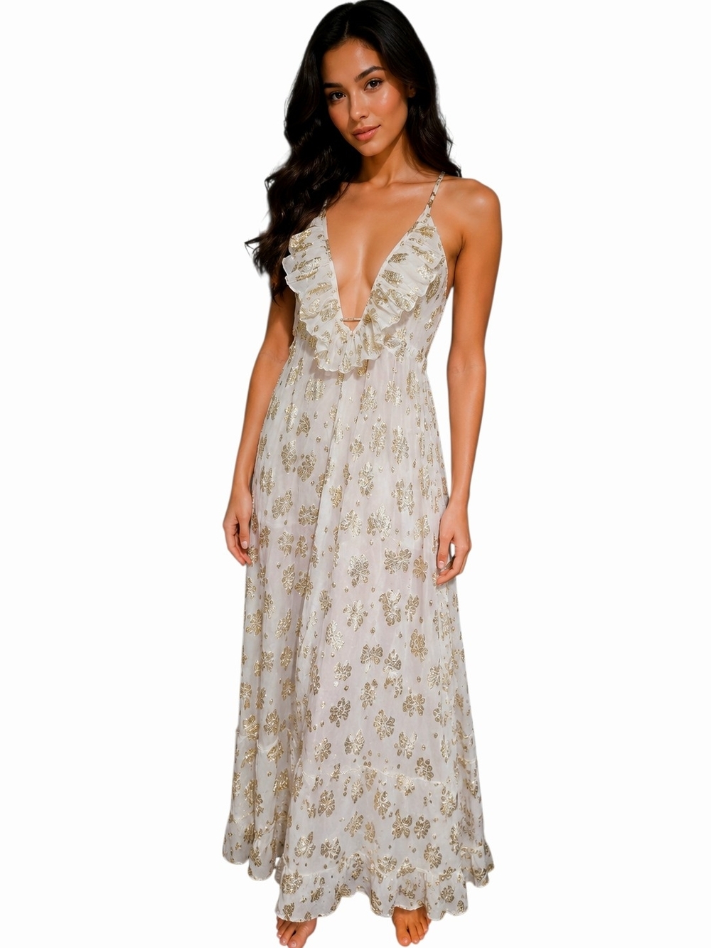 Zury Gold Metallic Floral Plunge Ruffle Maxi Dress Boho Resort Goddess One Size
